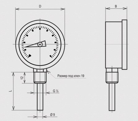Габаритные и установочные размеры Термометра ТБУ-100